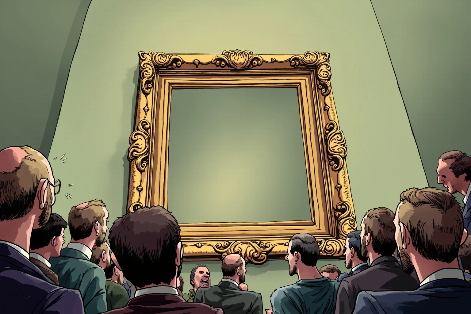 The Louvre Is No Stranger to Losing Millions: Inside the Museum's Biggest Heists 6 Illustration of an empty ornate picture frame hanging on a museum wall with a shocked crowd gathered around it