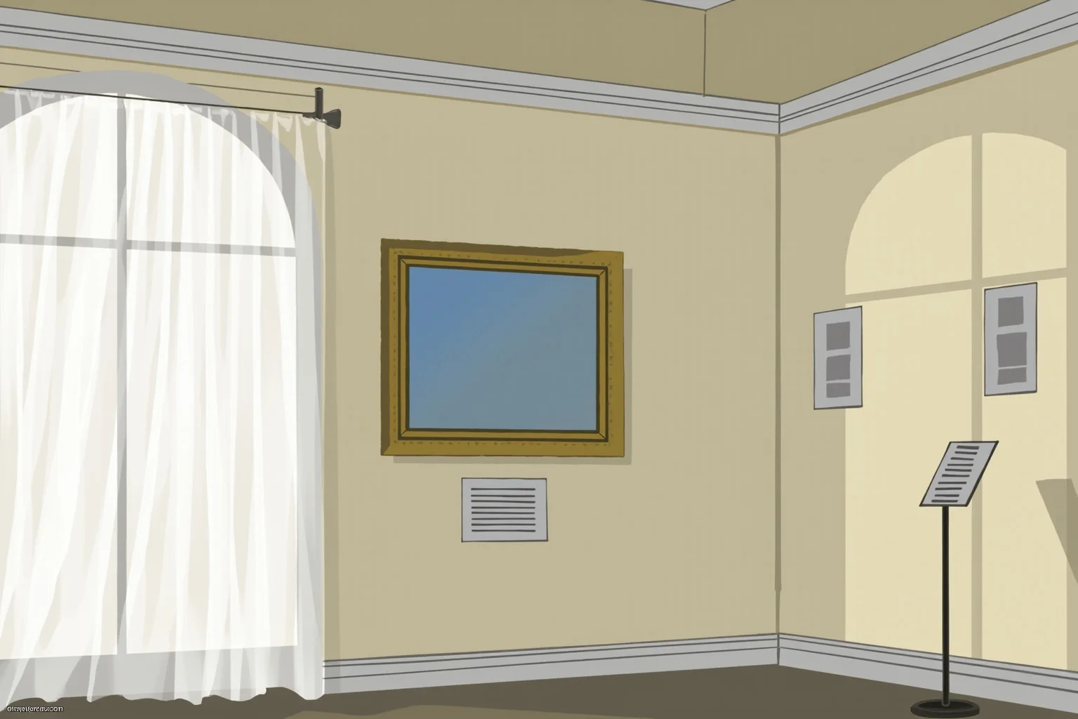 The Louvre Is No Stranger to Losing Millions: Inside the Museum's Biggest Heists 12 Illustration of an empty picture frame hanging beside a small placard in a sunlit museum gallery