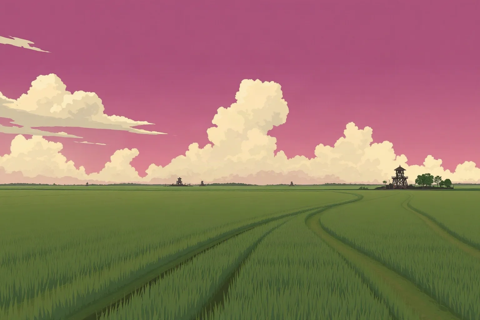 Illustration of an empty rural Cambodian field with distant abandoned watchtowers, evoking the late 1970s