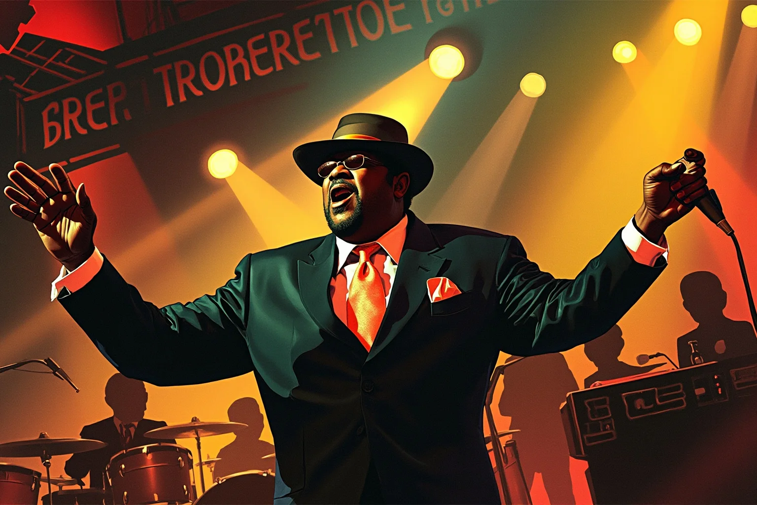 Illustration of an energetic 1930s Black bandleader singing and conducting on stage in a flashy zoot suit, vibrant nightclub setting
