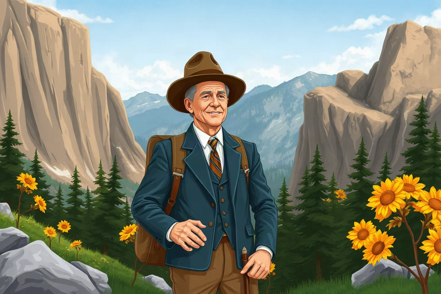 Illustration of an energetic early 20th-century American president in outdoor explorer attire standing before a national park vista