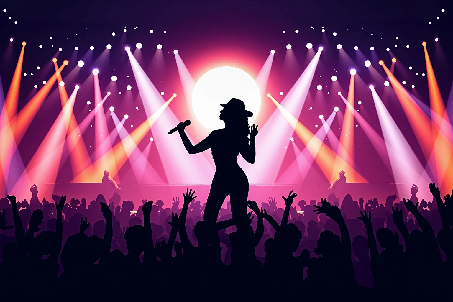 Illustration of an energetic modern pop performer singing on a large festival stage with elaborate lighting and backup dancers in silhouette