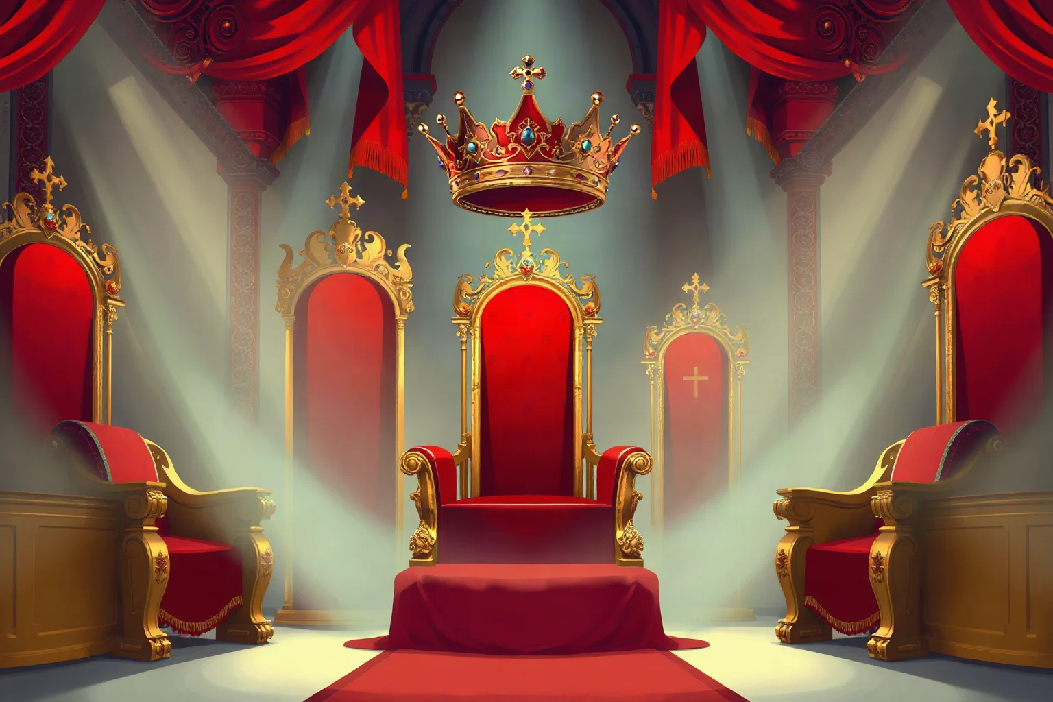 Illustration of an extravagant coronation ceremony with a jeweled crown and red and gold thrones