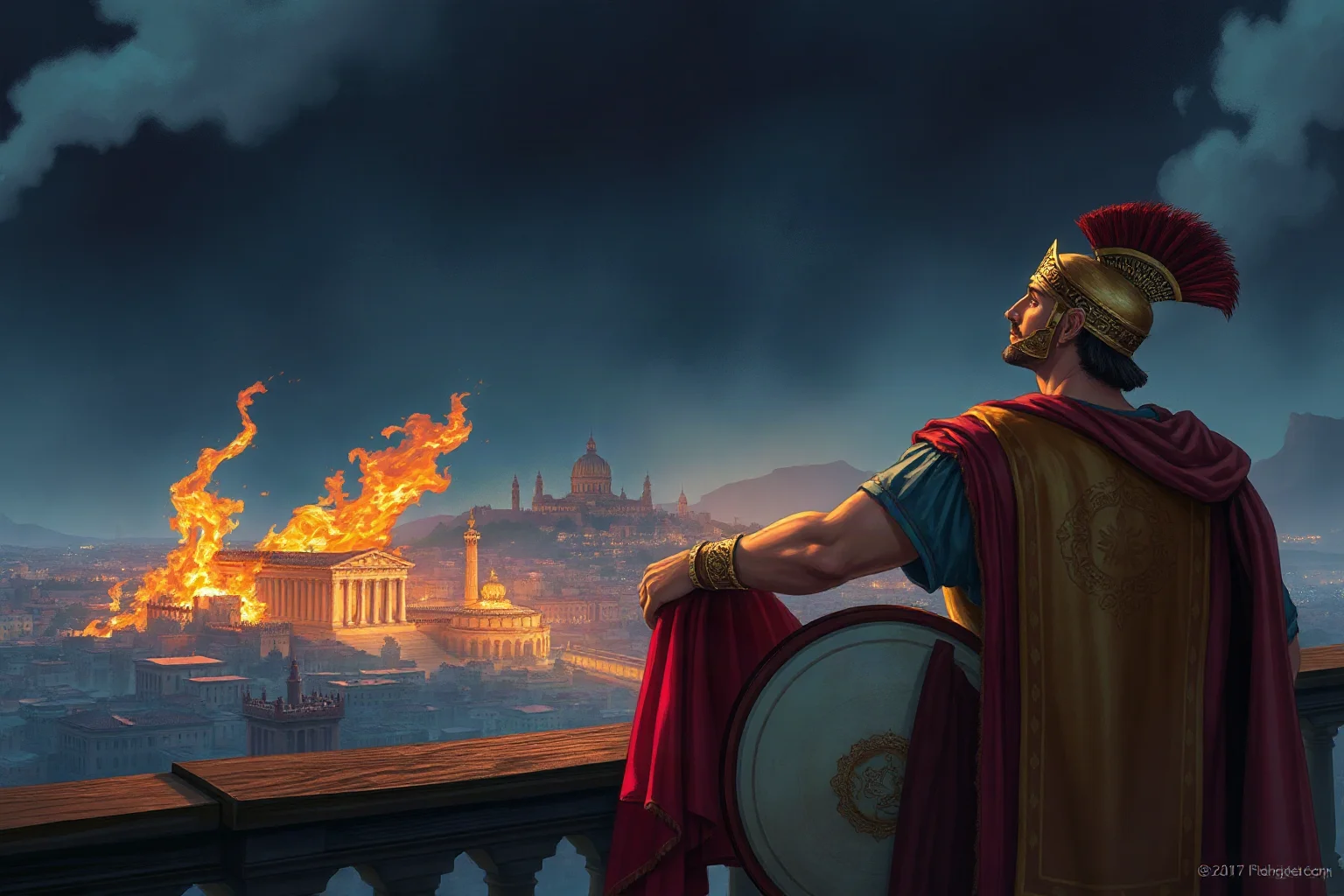 Illustration of an extravagant Roman emperor watching a fire spread across a city skyline at night