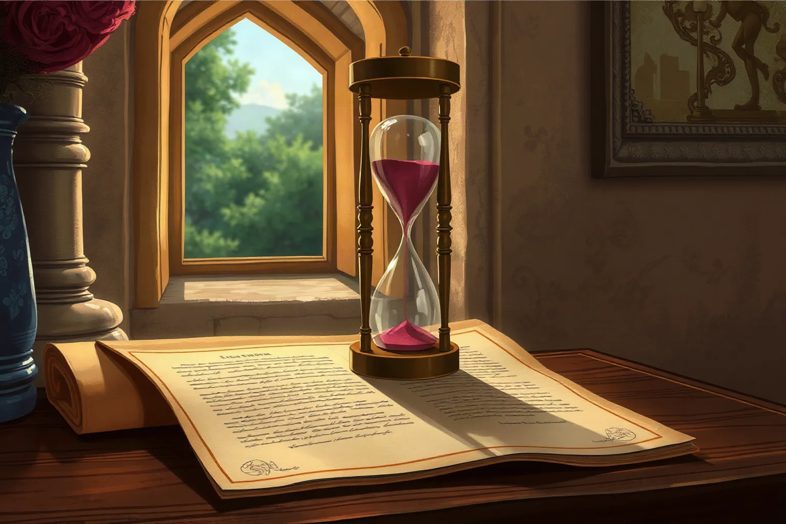 Illustration of an hourglass resting on an open scroll beside a Roman villa window, soft lighting