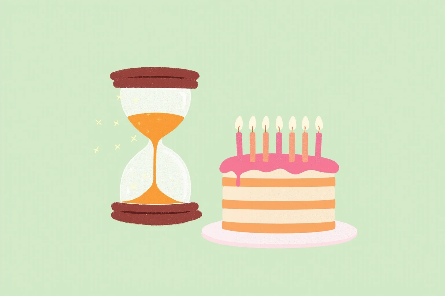 26 Famous Mark Twain Quotes (And the Ones He Never Actually Said) 26 Illustration of an hourglass sitting beside a birthday cake, whimsical and lighthearted