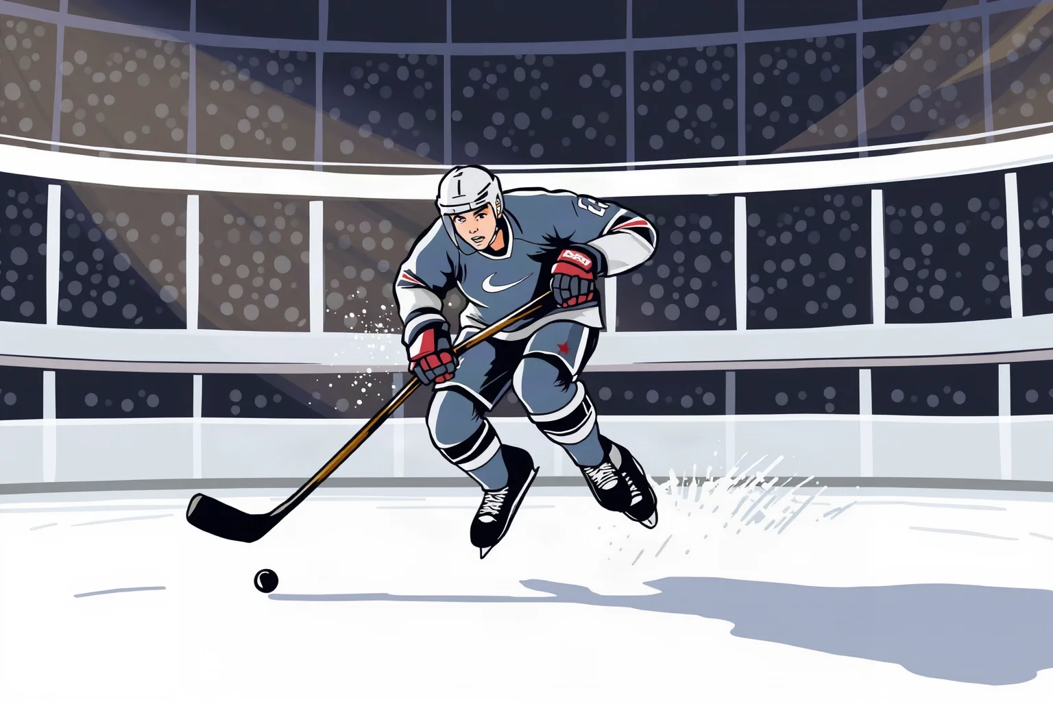 Illustration of an ice hockey player skating with a stick and puck on a rink, dynamic pose