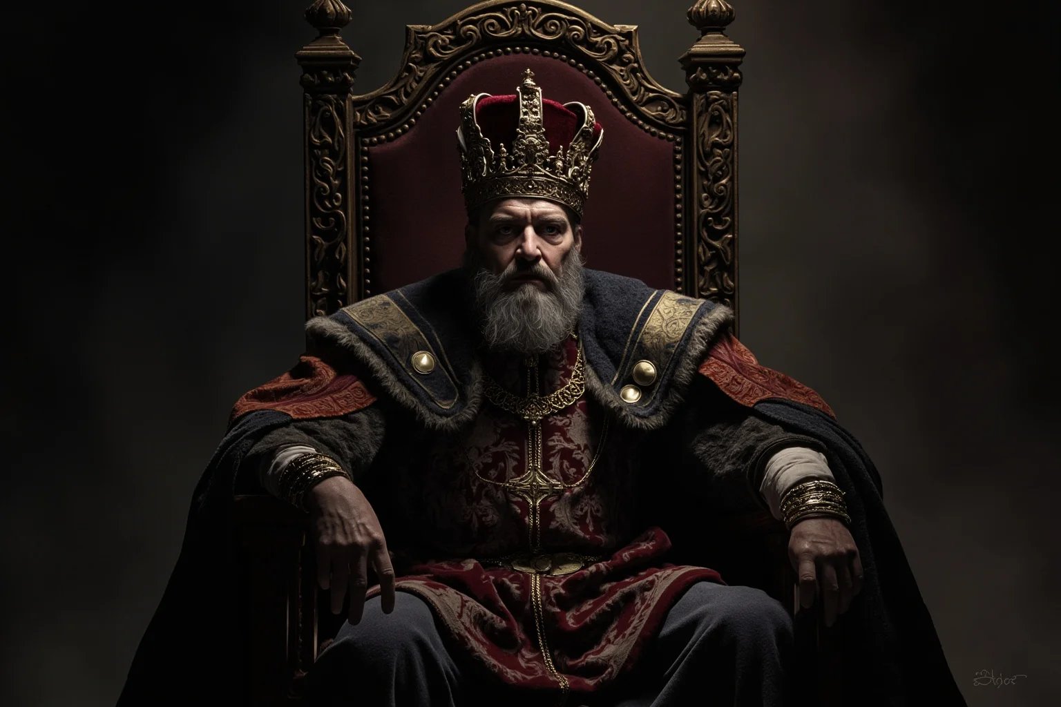 Illustration of an imposing medieval Russian tsar in ornate robes seated on a shadowy throne