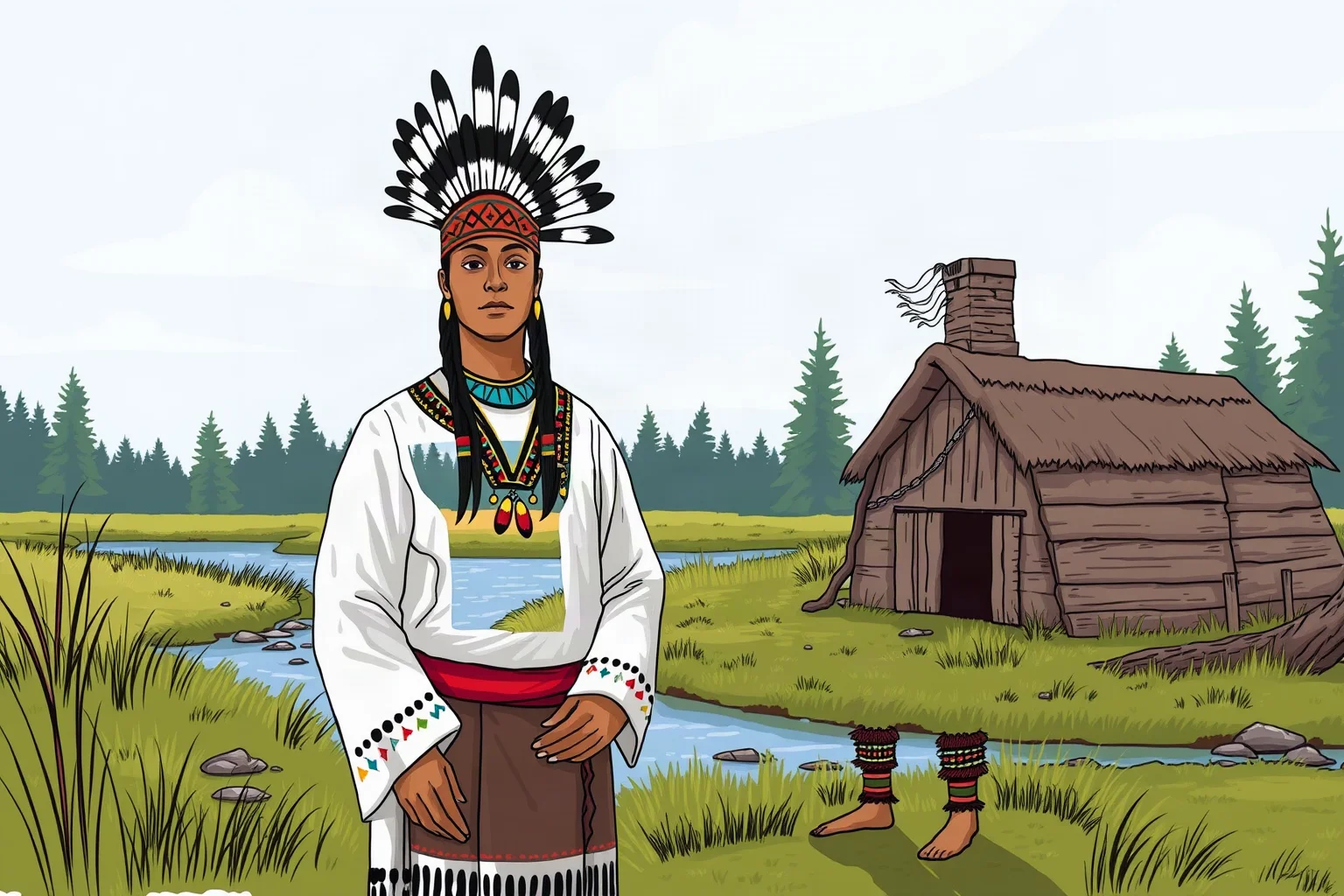 Illustration of an Indigenous Mohawk leader in traditional regalia standing near a river with a longhouse in the background, respectful historical illustration style