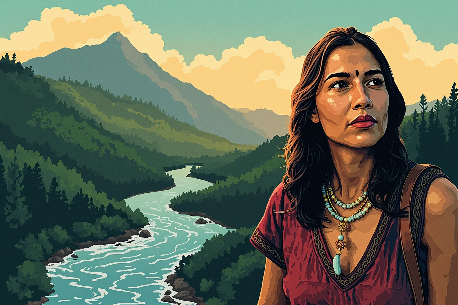24 Historical Figures Who Became Martyrs for Their Cause 25 Illustration of an Indigenous woman activist standing before a river and forested mountains in Central America