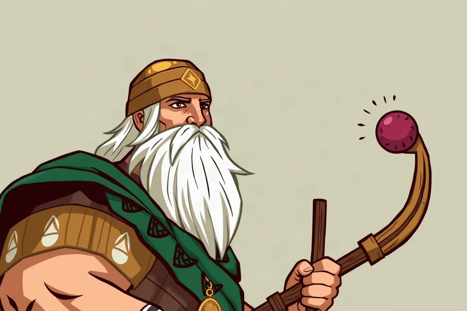 Illustration of an Irish warrior figure holding a curved wooden hurling stick and small ball, Celtic art style
