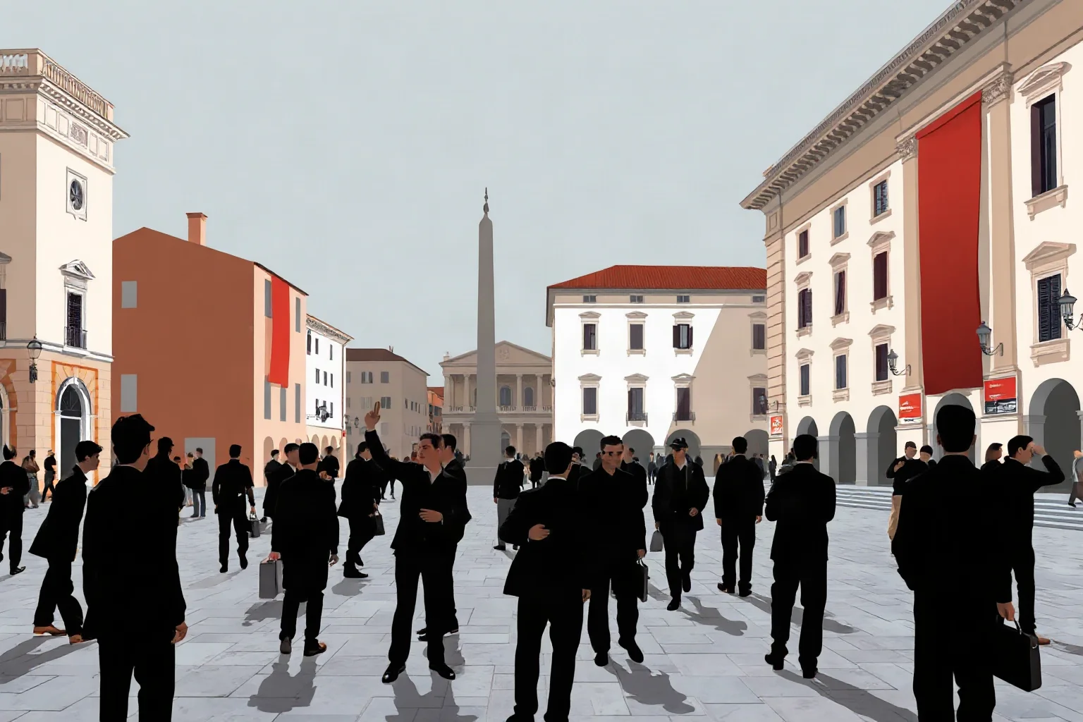 Illustration of an Italian piazza with black-shirted silhouetted crowds and fascist-era architecture