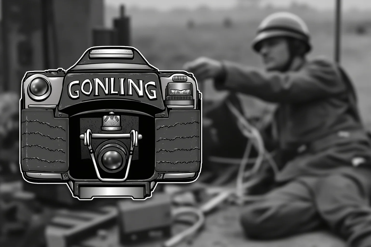 Illustration of an old camera and a black-and-white photograph of a wartime scene