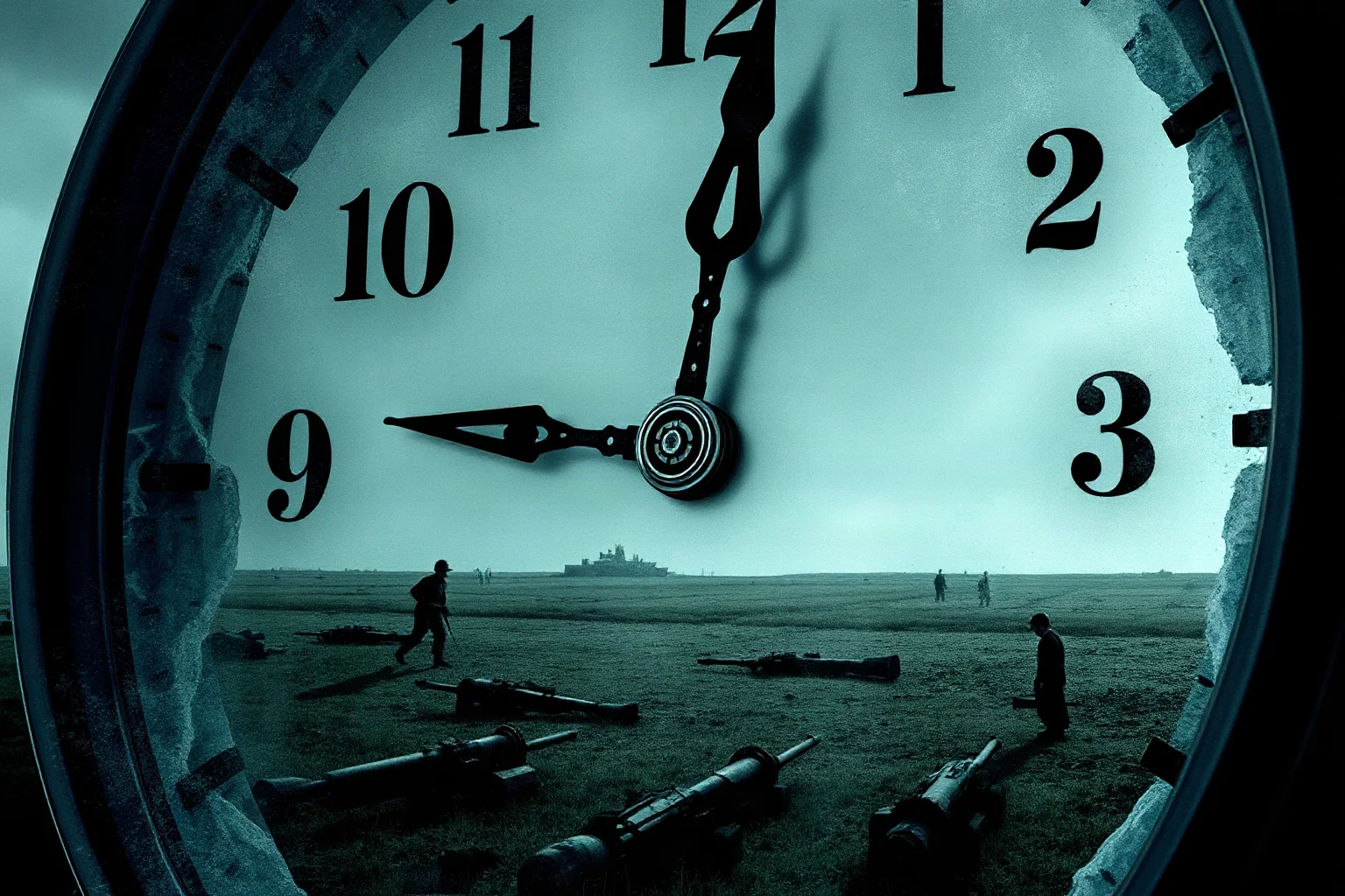 Illustration of an old clock face frozen at eleven, overlaid with a faded battlefield scene