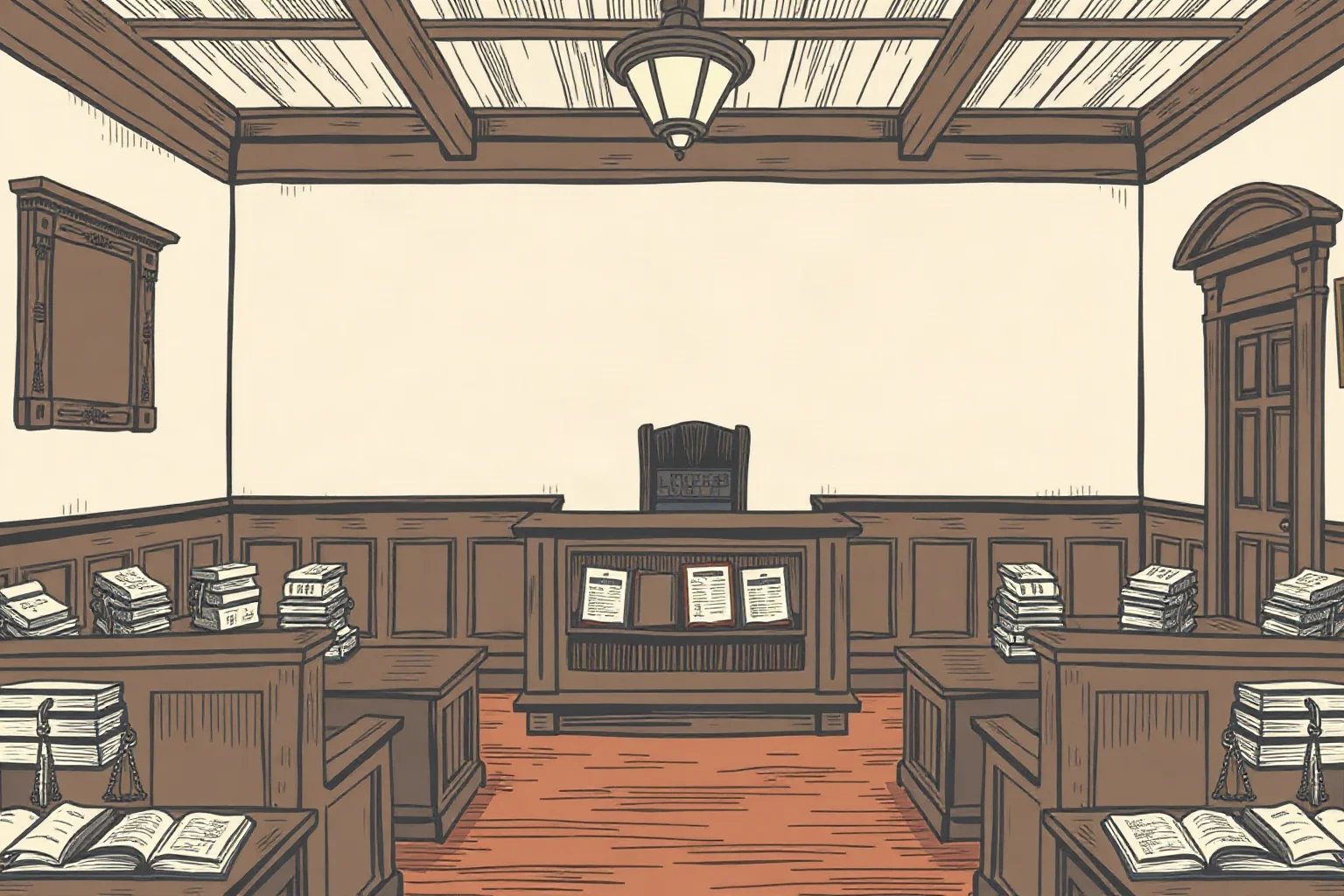 Illustration of an old courtroom interior with a judge's bench and legal ledgers, 1860s style