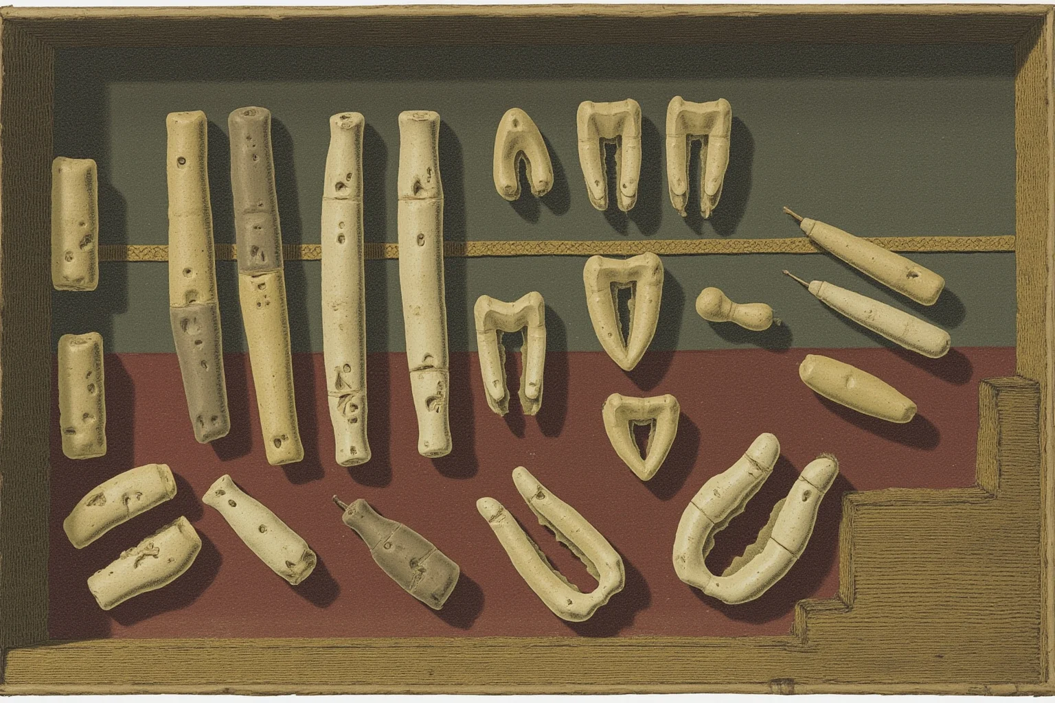 Illustration of an old dental tool case with ivory-colored denture molds on a velvet cloth, 18th-century style