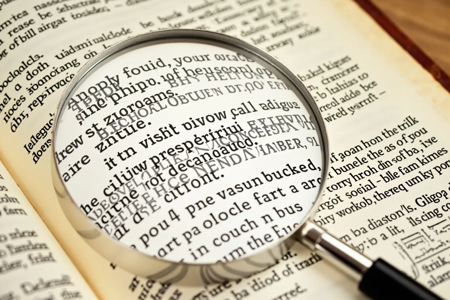 Illustration of an old dictionary page with a magnifying glass hovering over a single highlighted word