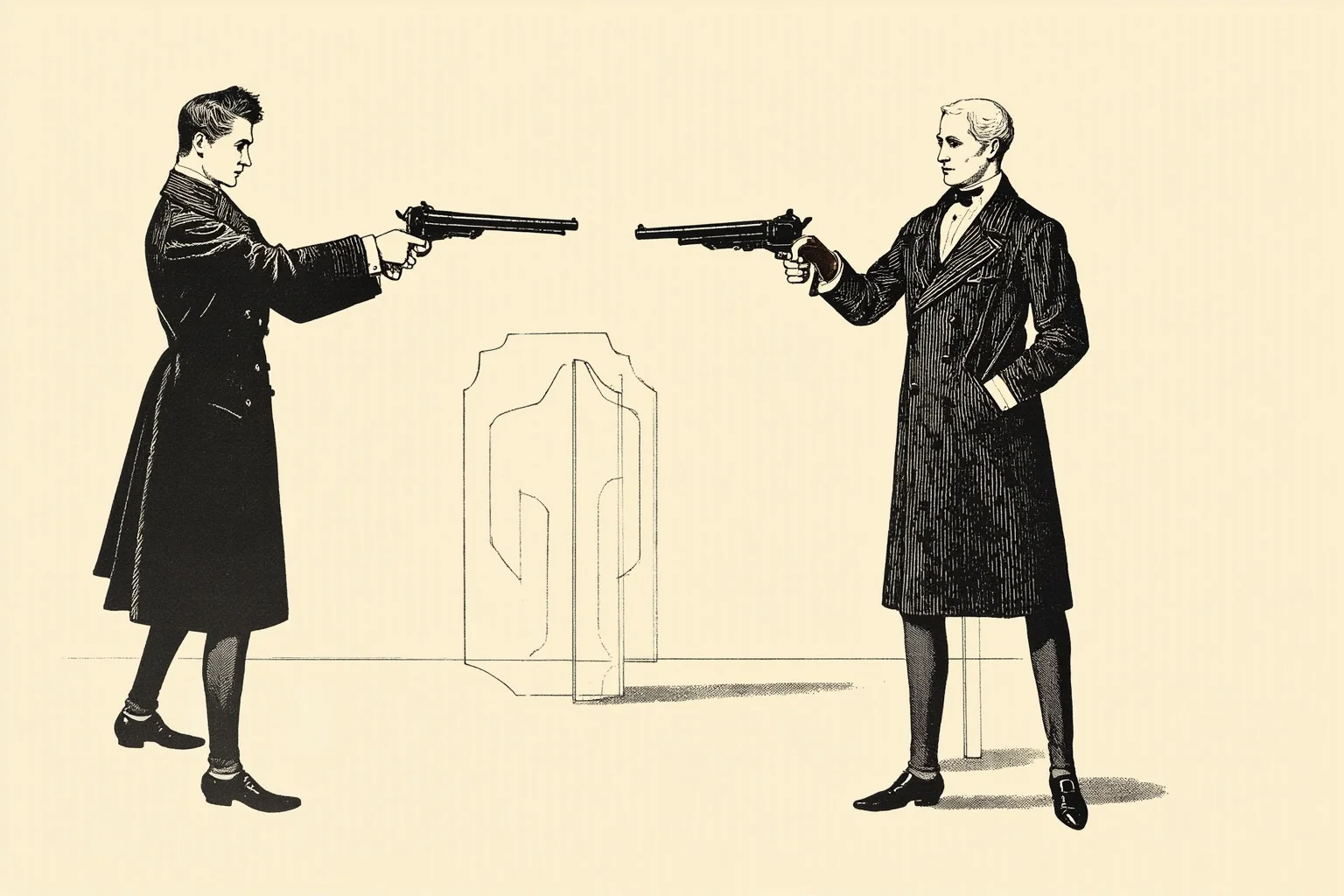 23 Olympic Sports That Don't Exist Anymore (And Why They Vanished) 4 Illustration of an old-fashioned pistol dueling range with a mannequin target dressed in a frock coat