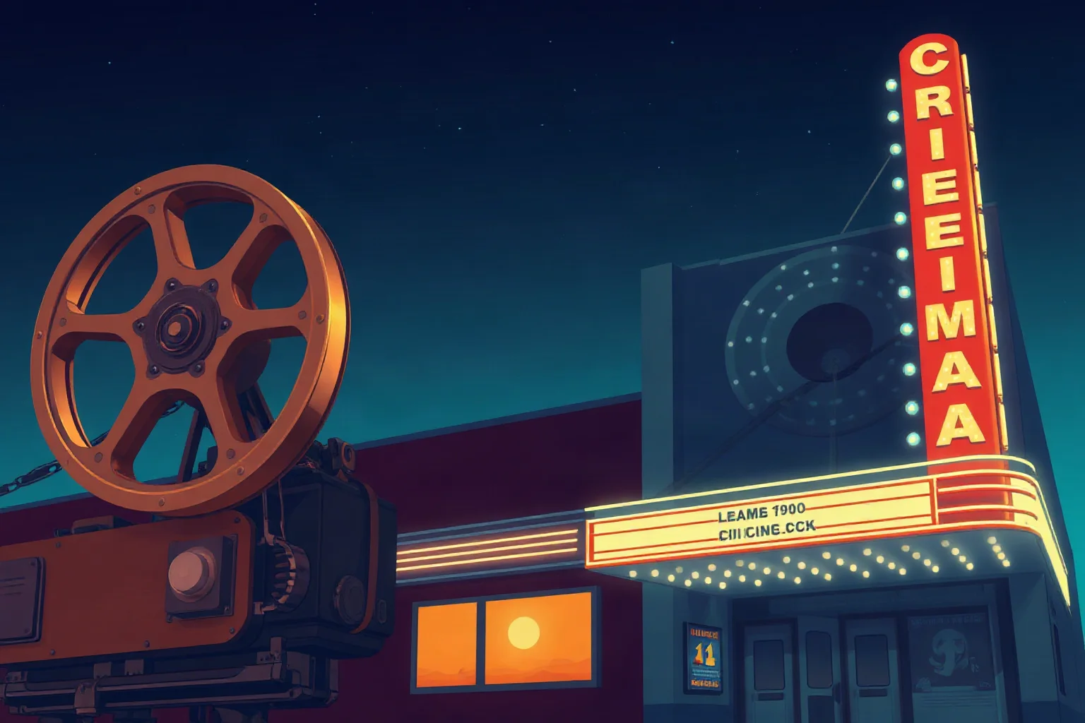 Illustration of an old film projector reel and a vintage cinema marquee glowing at night, 1920s style