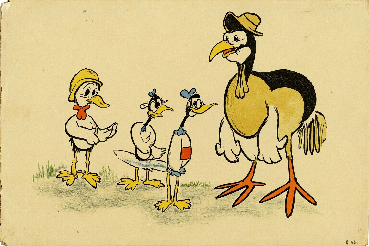 Walt Disney: 10 Controversies That Haunt Him & 10 Ways He Changed the World 5 Illustration of an old hand-painted animation cel showing exaggerated cartoon bird characters, in a vintage art style