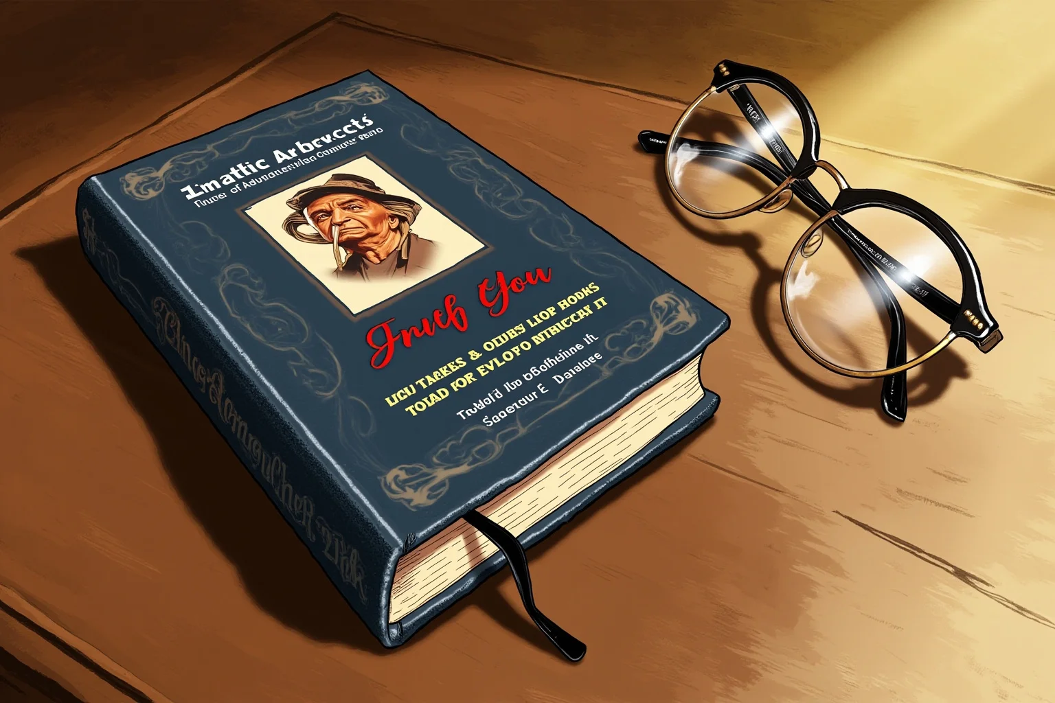 Walt Disney: 10 Controversies That Haunt Him & 10 Ways He Changed the World 8 Illustration of an old hardcover biography book with a dramatic dust jacket, resting on a wooden desk with reading glasses