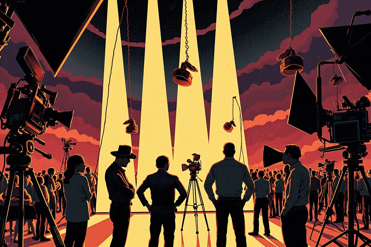 The Heartbreaking Life Story of Judy Garland: 26 Facts You Should Know 14 Illustration of an old Hollywood soundstage with cameras, lights, and a bustling film crew