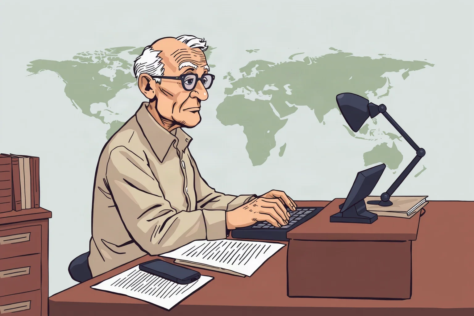 Illustration of an old journalist typing at a desk with a world map behind him, symbolic