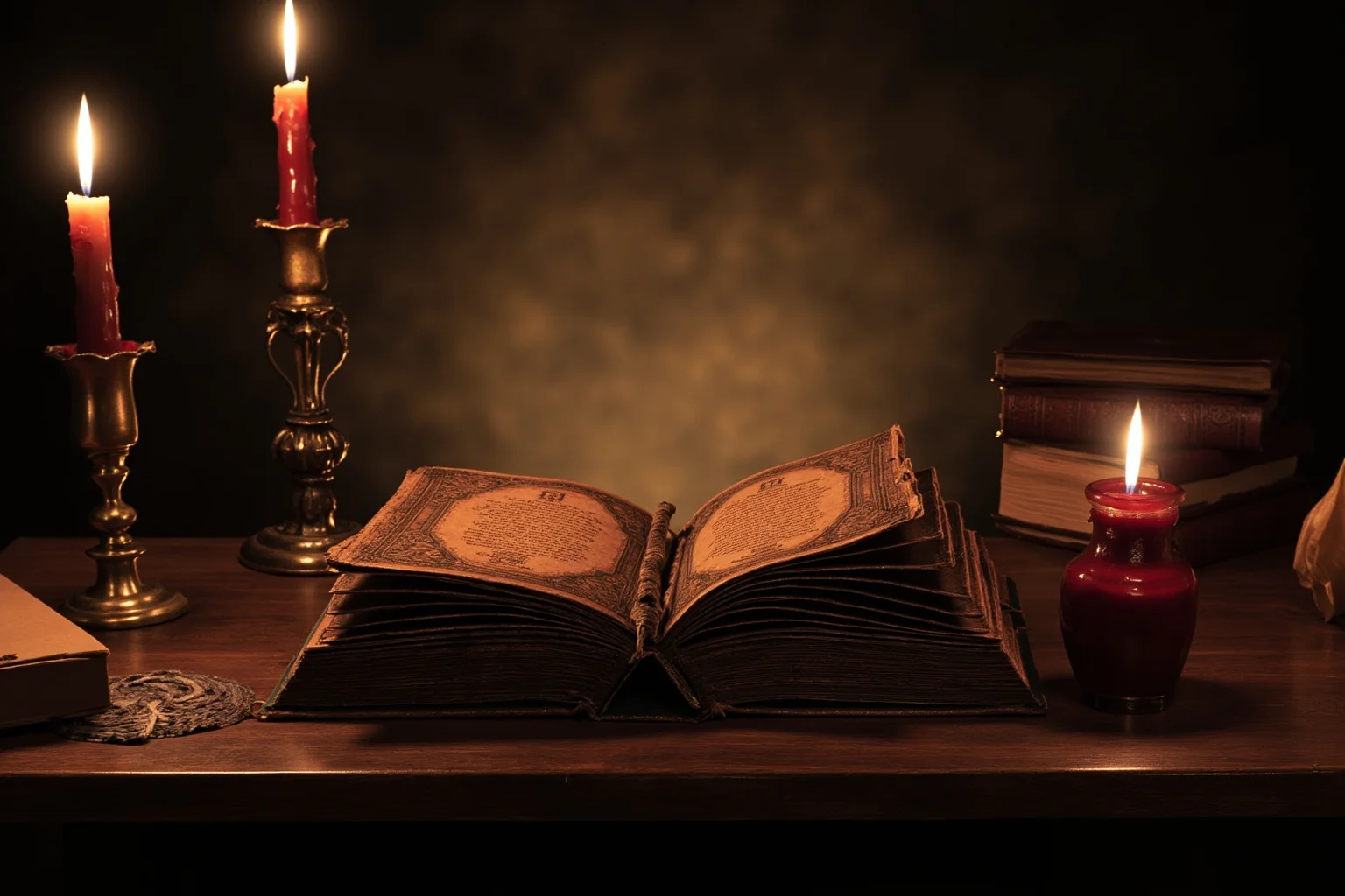 Lord Byron and Lady Caroline Lamb: History's Messiest Love Story 13 Illustration of an old leather-bound gothic novel lying open on a wooden table with candlelight