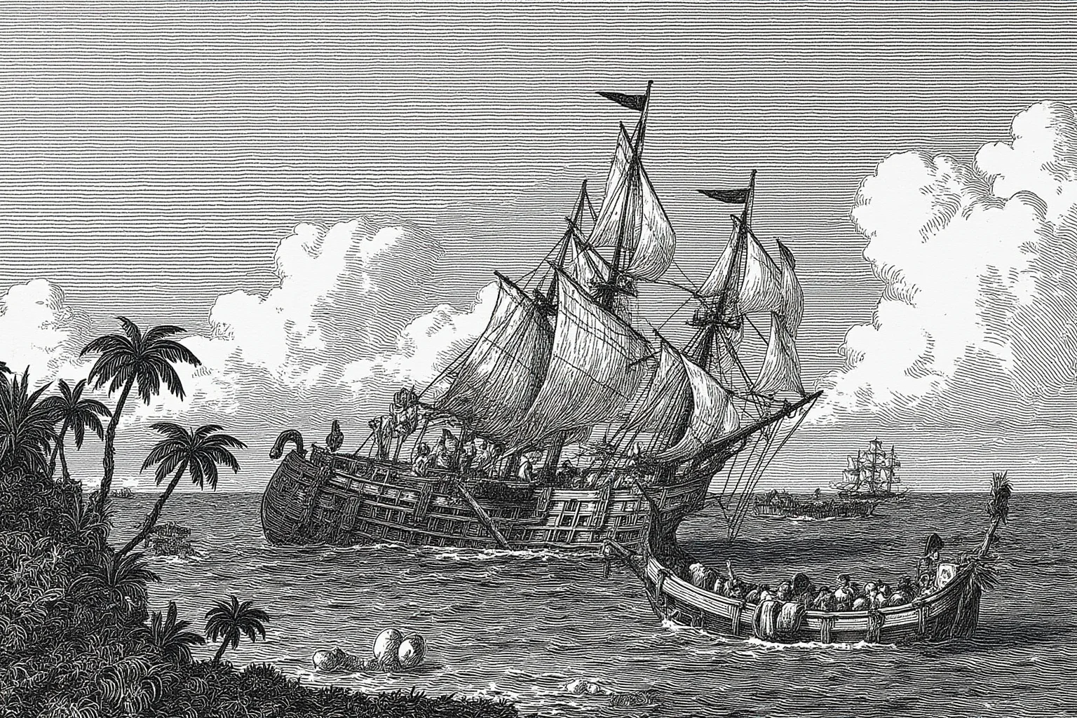 Lost At Sea: 20 Most Famous Shipwrecks in History 19 Illustration of an old Portuguese sailing carrack heavily loaded with treasure sinking near a tropical coastline