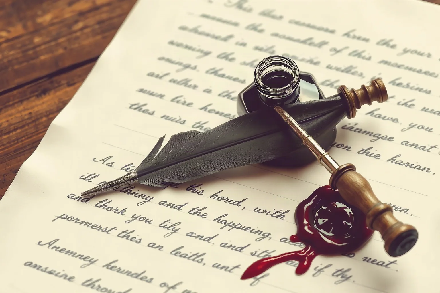 Illustration of an old quill and inkwell resting on a handwritten letter with wax seal