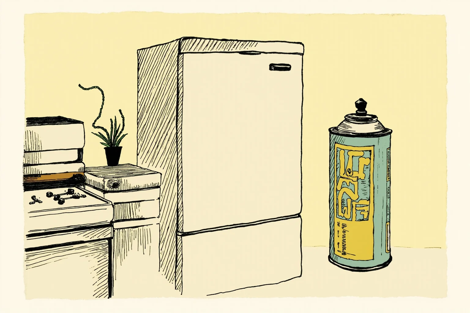 The Worst Inventions of All Time, Ranked 6 Illustration of an old refrigerator and aerosol spray can from the mid-20th century, retro kitchen scene
