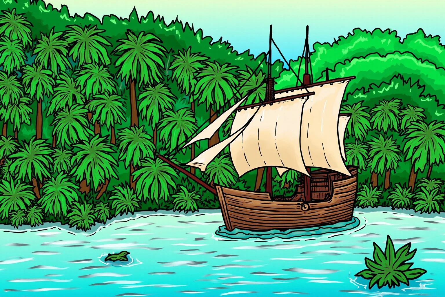 Illustration of an old sailing ship on a tropical river lined with dense rainforest