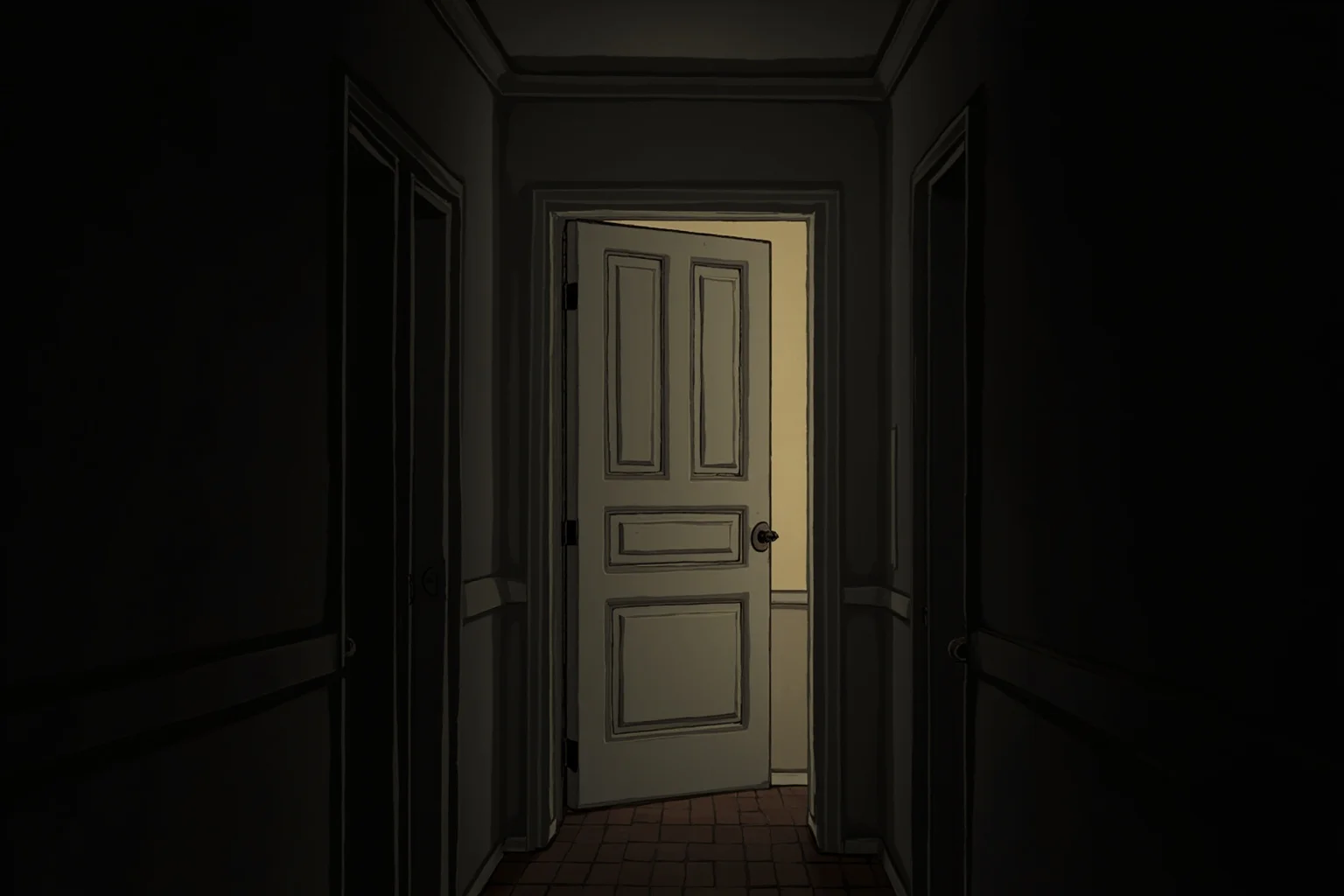 The Heartbreaking Life Story of Judy Garland: 26 Facts You Should Know 25 Illustration of an old townhouse hallway with a dim light and a slightly ajar door, somber tone, non-graphic