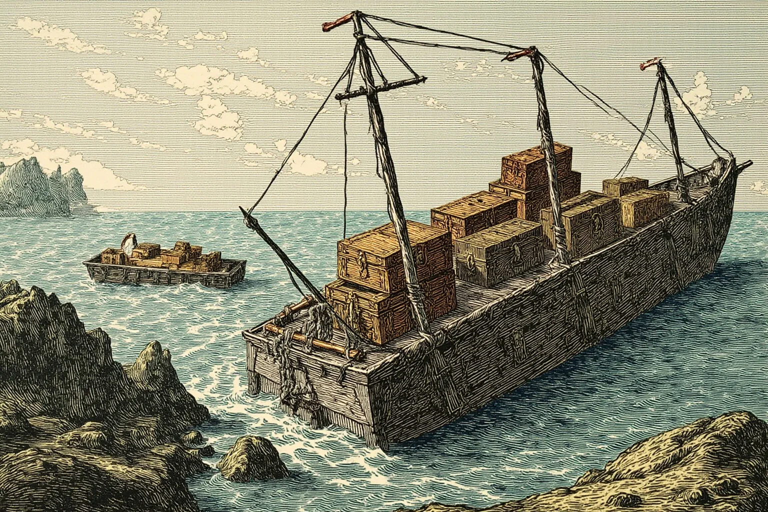 Lost At Sea: 20 Most Famous Shipwrecks in History 23 Illustration of an old wooden merchant sailing ship loaded with treasure chests sinking off a rugged English coast