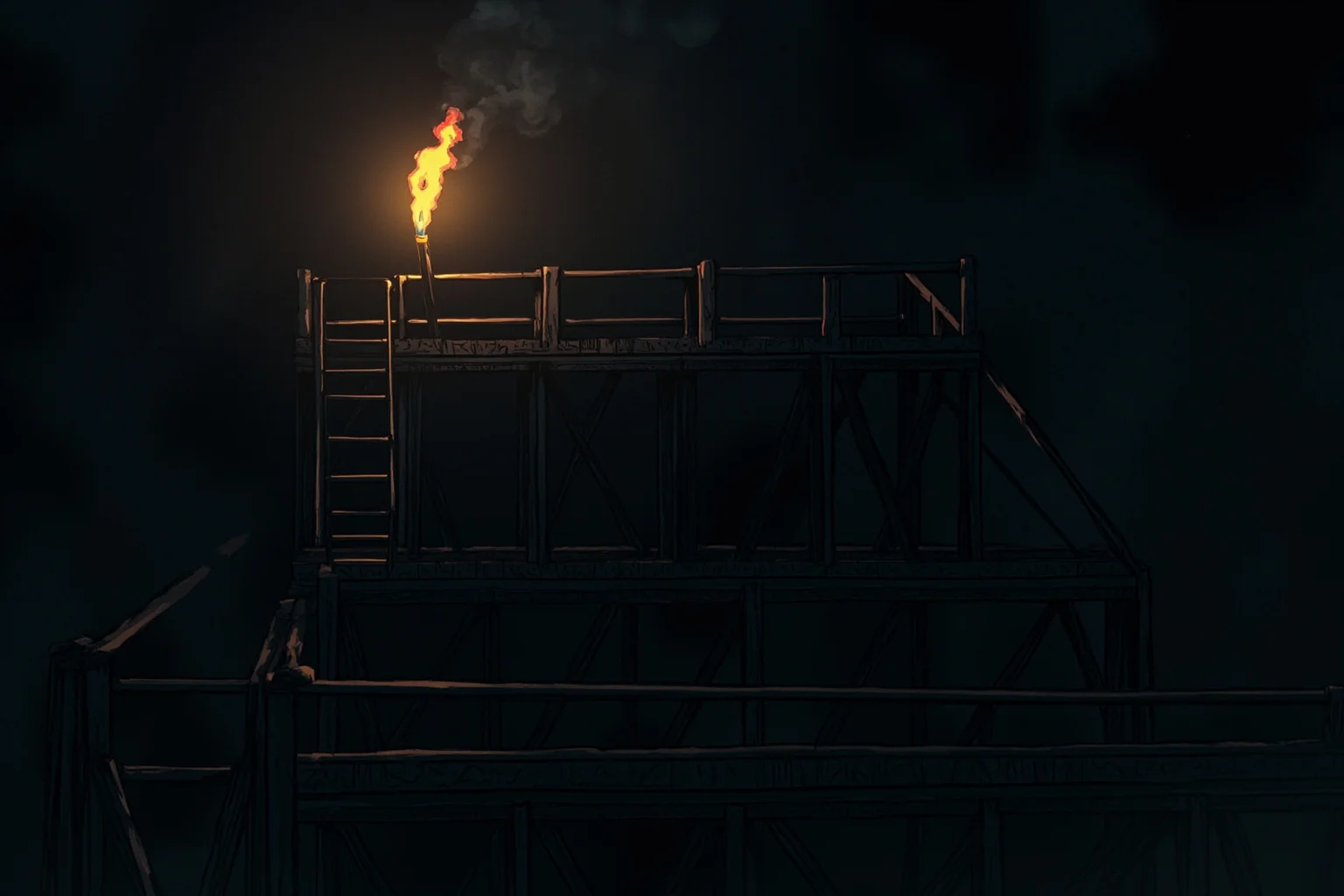 Public Executions Were Once The Most Attended Events In Town — Here's What That Says About Us 9 Illustration of an old wooden scaffold platform with a single lit torch, no figures shown, moody atmosphere