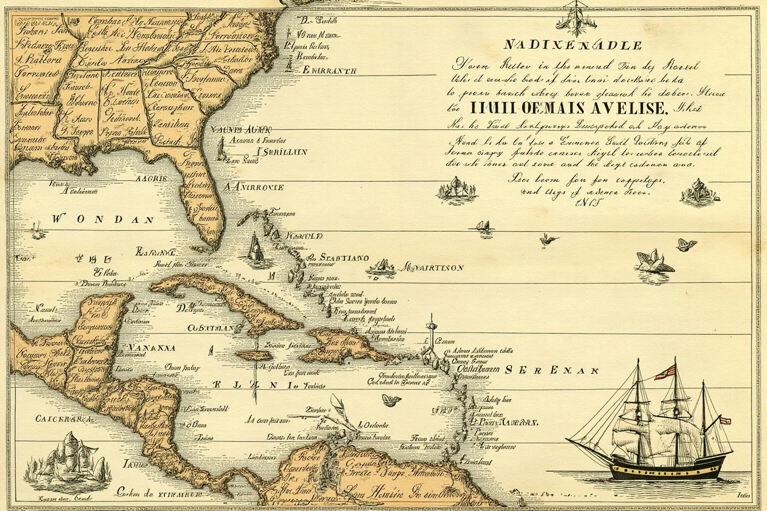 Illustration of an old world map with a sailing ship near a Caribbean coastline