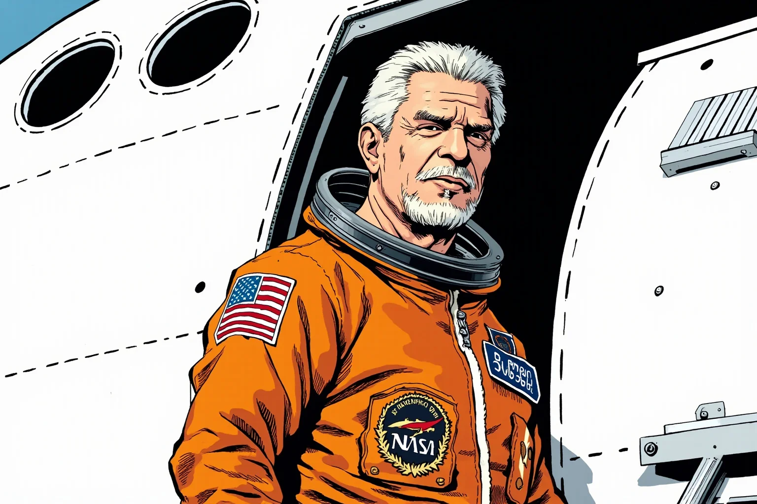 Illustration of an older astronaut in an orange flight suit boarding a white space shuttle, American flag patch visible on sleeve