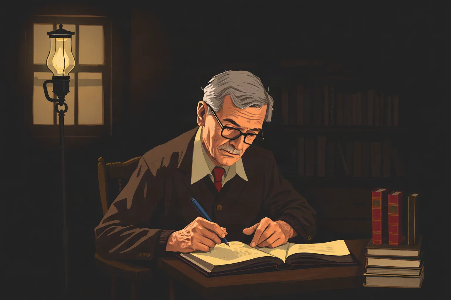 Illustration of an older mentor-writer in a modest Midwestern study, 1910s-1920s style, writing by lamplight