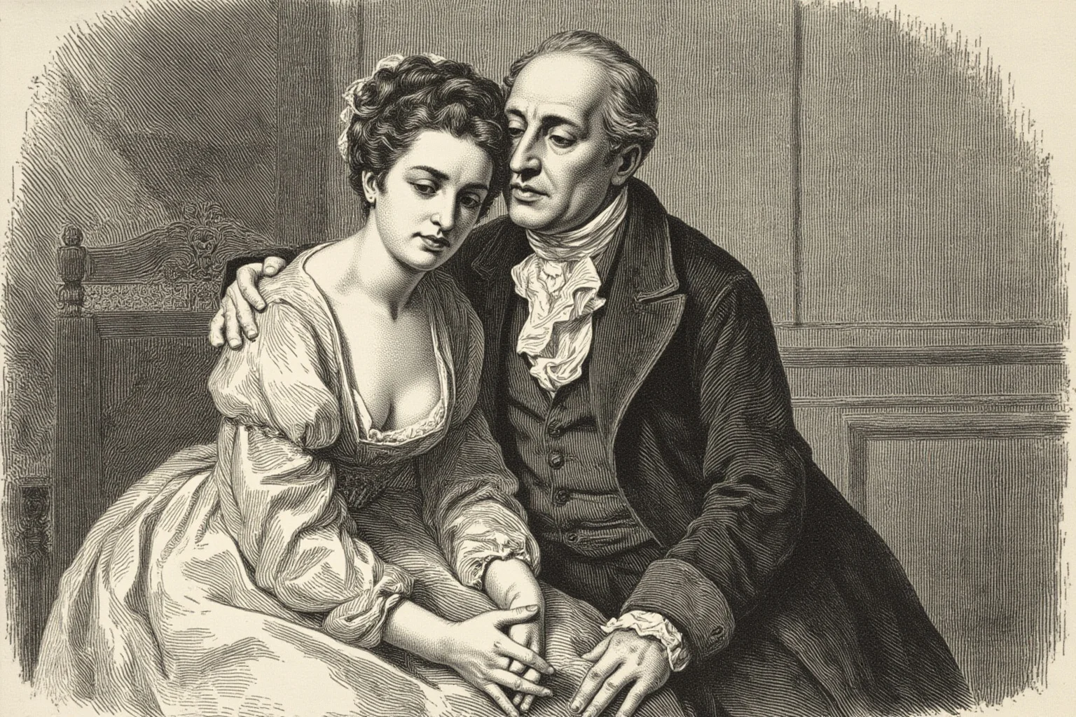 Lord Byron and Lady Caroline Lamb: History's Messiest Love Story 15 Illustration of an older Regency-era gentleman patiently comforting a distressed woman in a drawing room