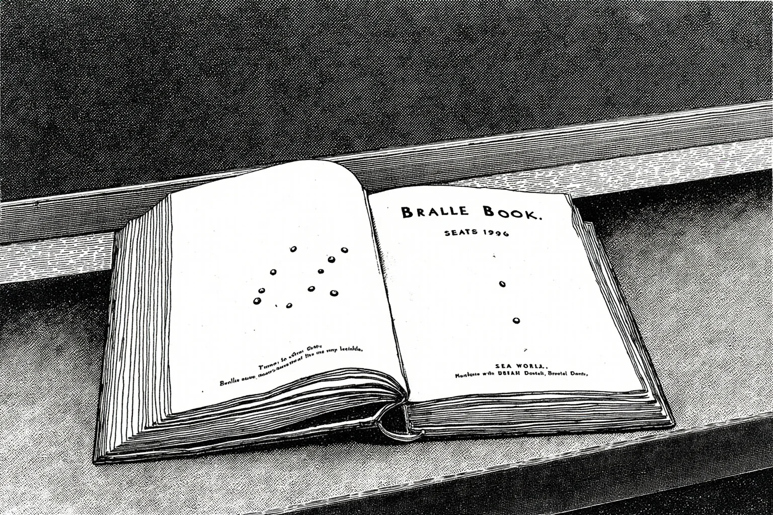 Illustration of an open Braille book beside a chalkboard in a schoolroom, vintage educational setting