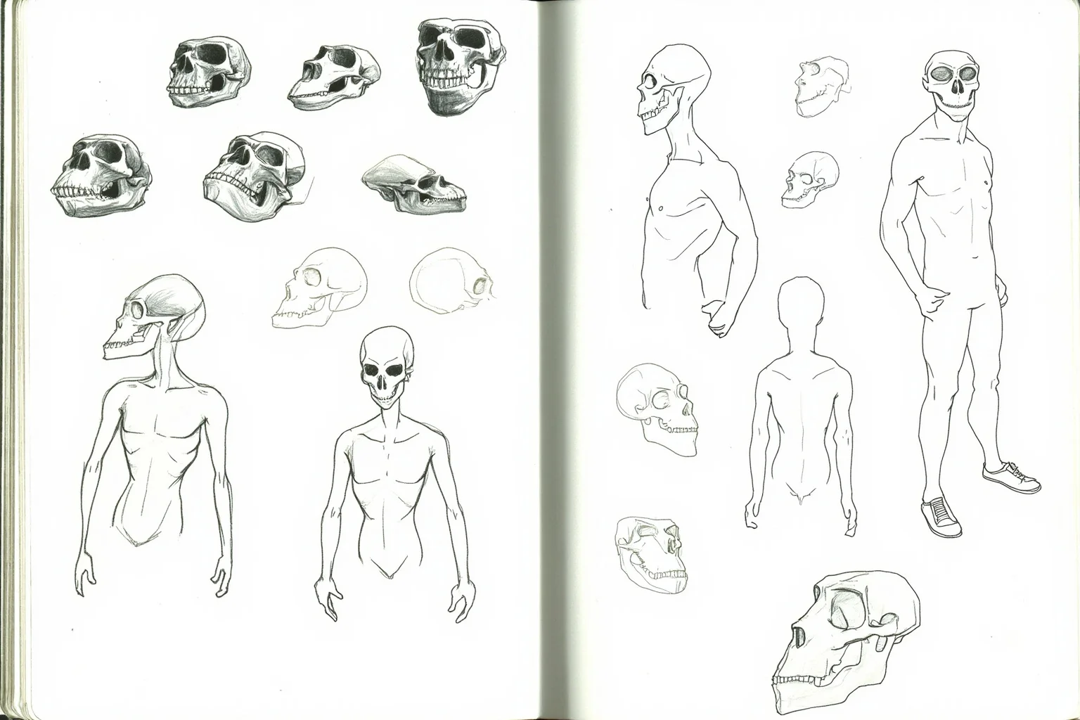 Illustration of an open notebook page showing rough sketches of primate skulls and human silhouettes