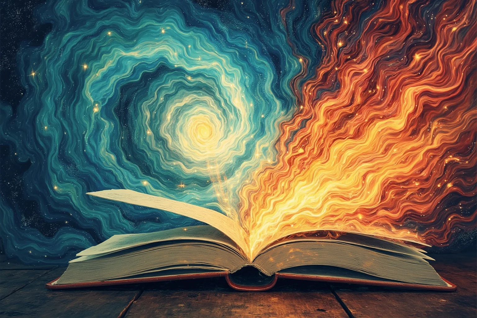 26 Famous Mark Twain Quotes (And the Ones He Never Actually Said) 12 Illustration of an open storybook with a swirling contrast between a realistic scene and a fantastical one