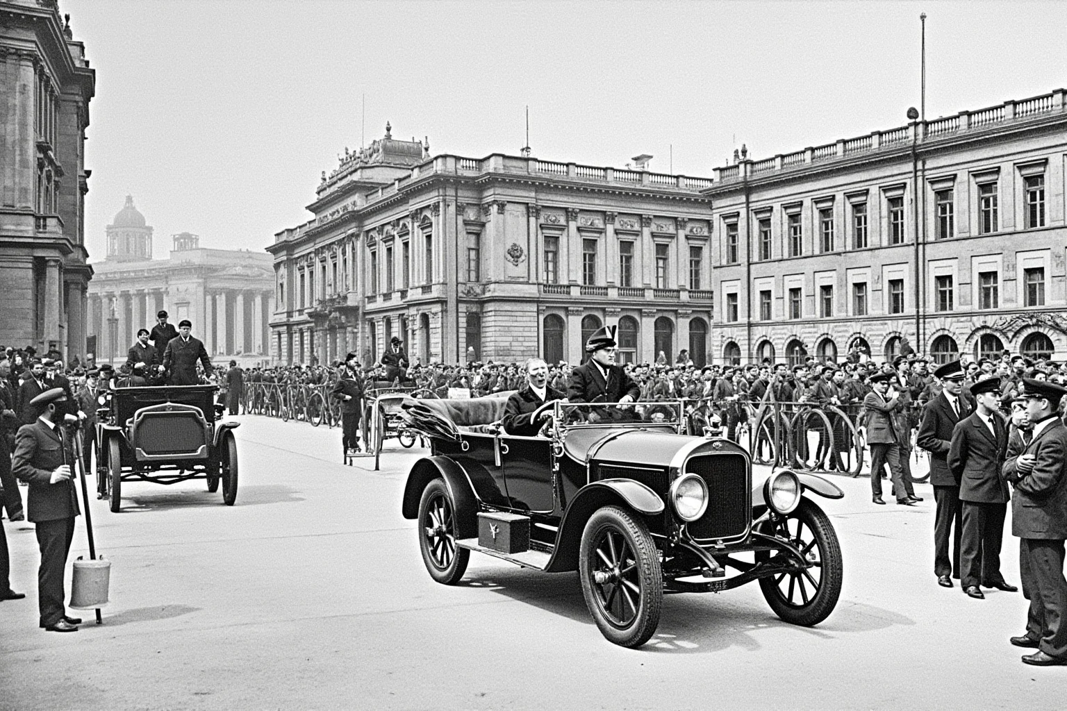25 Most Memorable Dates in History (And Why They Still Matter) 12 Illustration of an open-top vintage car procession through a European city square in the early 20th century