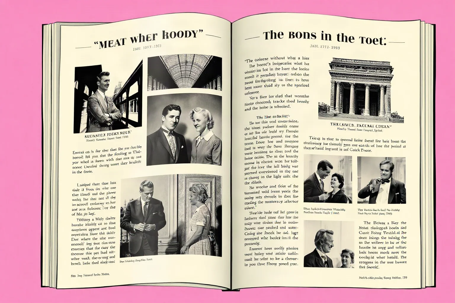 Illustration of an open vintage magazine spread with photographs and text, evoking classic mid-century print media