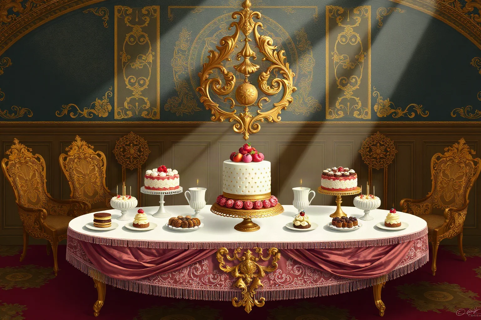 Illustration of an opulent 18th-century palace banquet table with cakes and pastries, ornate gold decor