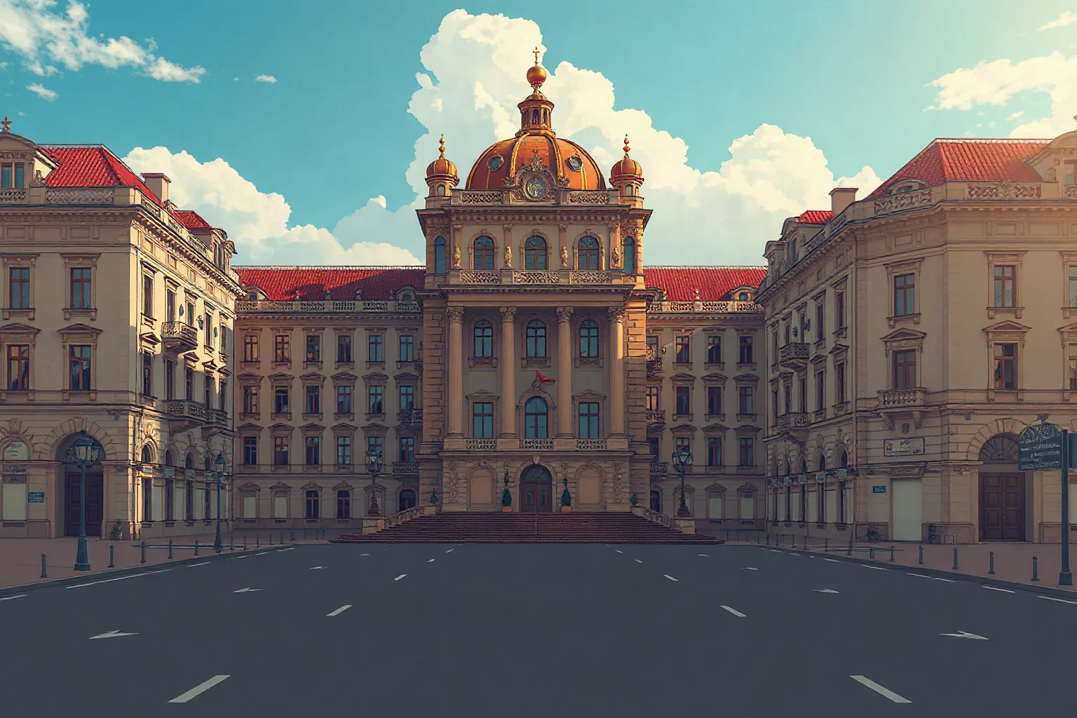 Illustration of an opulent Eastern European palace contrasted with a grey, empty city street