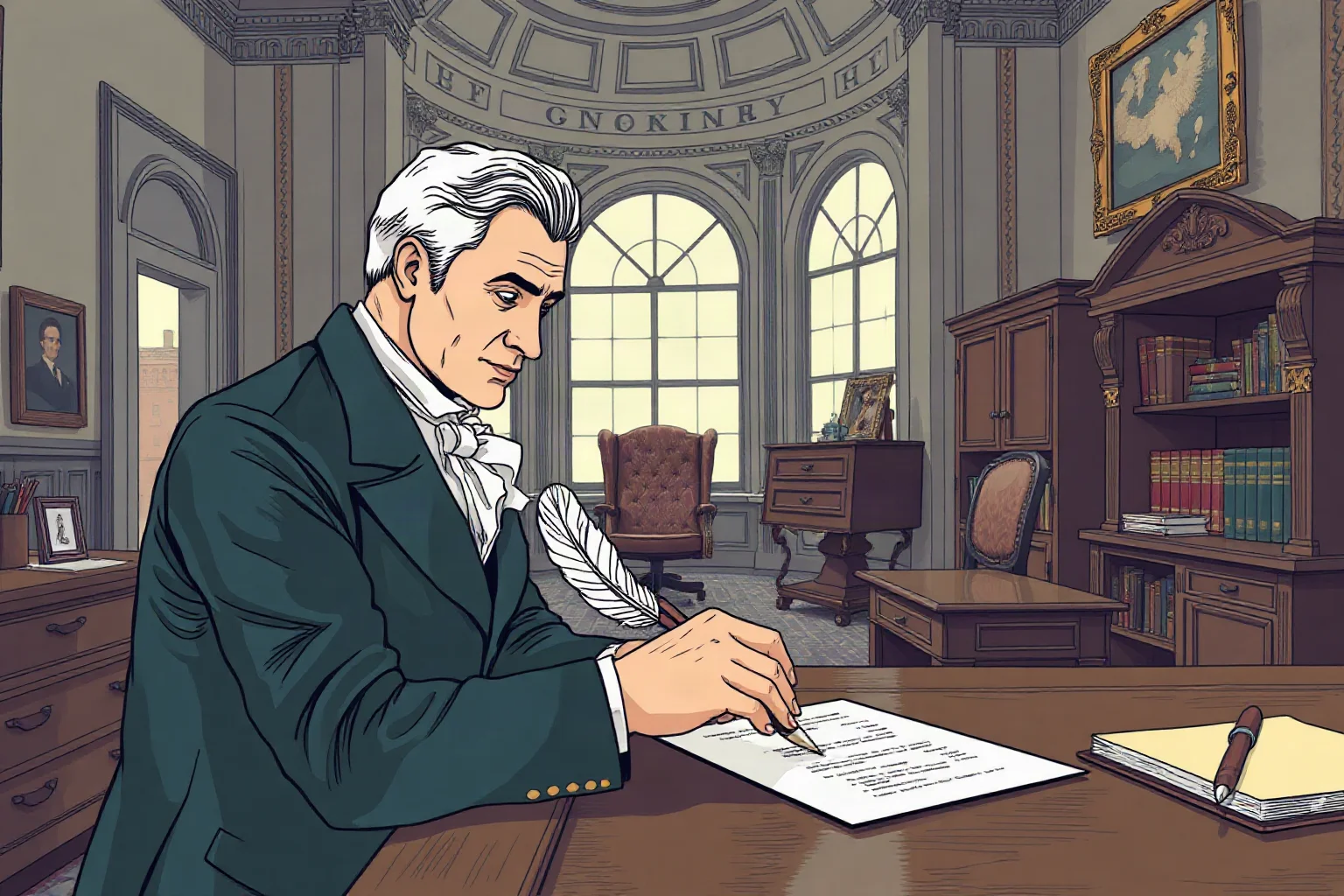 Illustration of an ornate 1860s government office with a quill pen signing a document at a desk