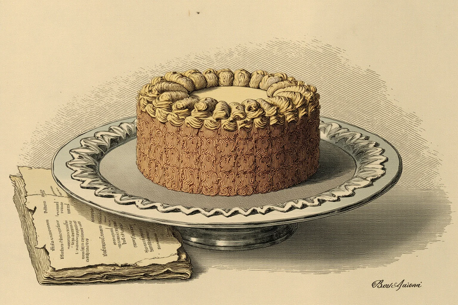 Surprising Facts About Marie Antoinette (And 10 Misconceptions) 17 Illustration of an ornate cake being offered on a silver platter beside a torn antique pamphlet, symbolic still life