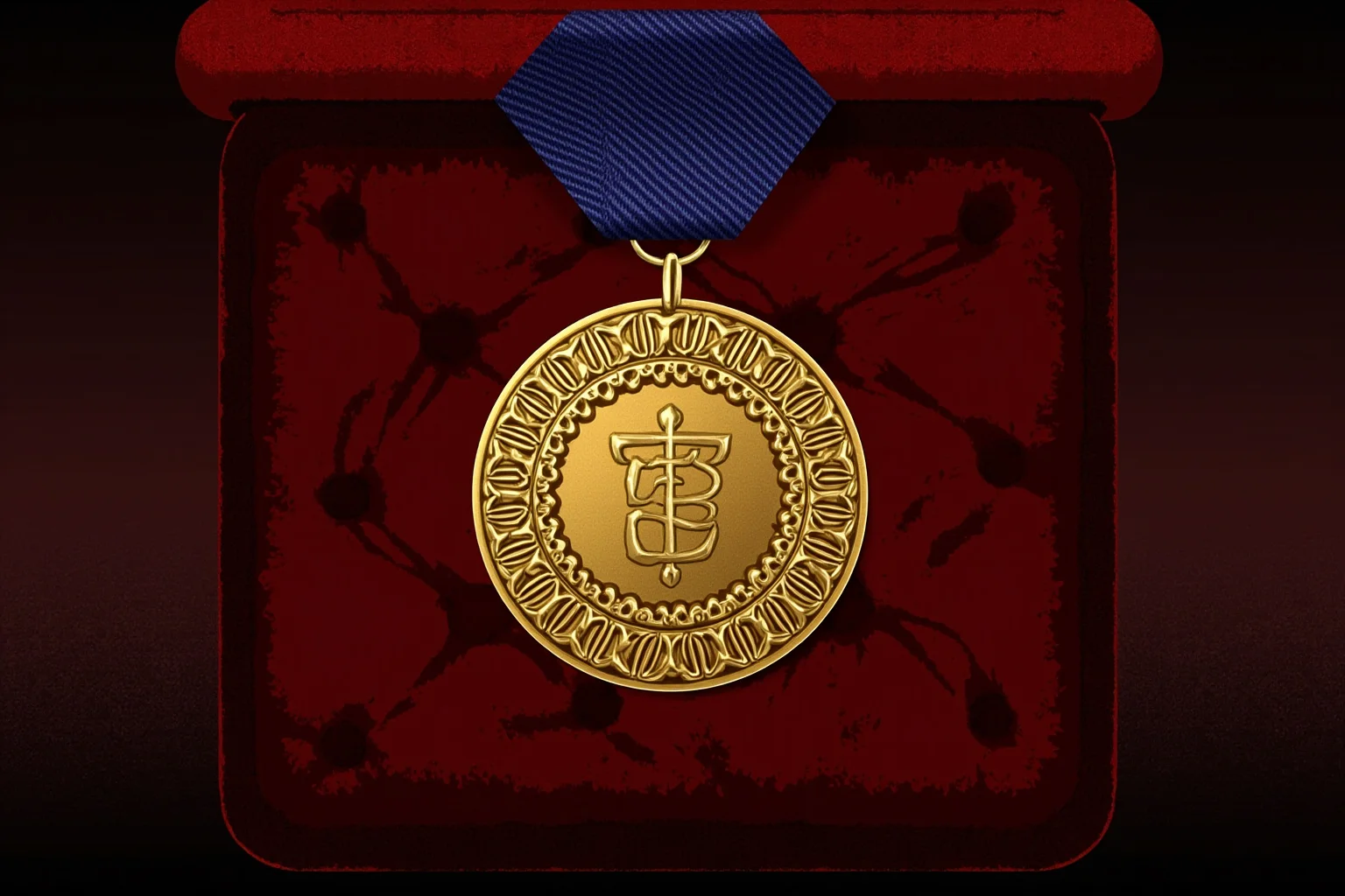Illustration of an ornate ceremonial medal on a velvet cushion, formal presentation style
