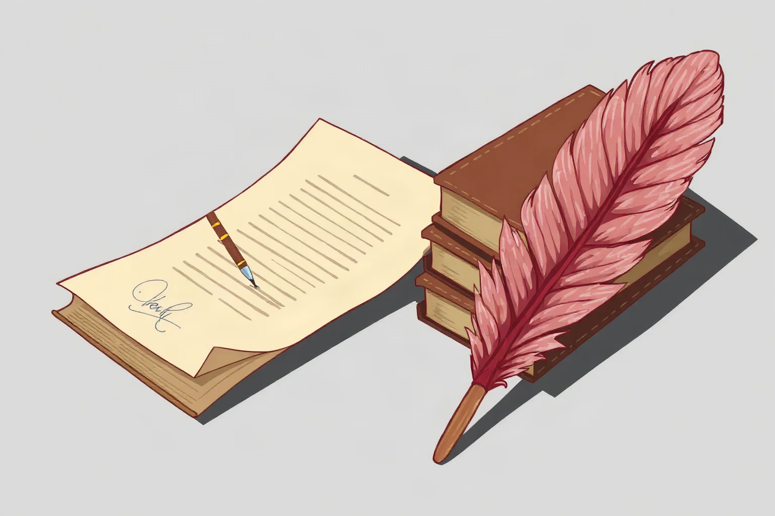 Illustration of an ornate feather quill signing a document beside a stack of leather-bound books